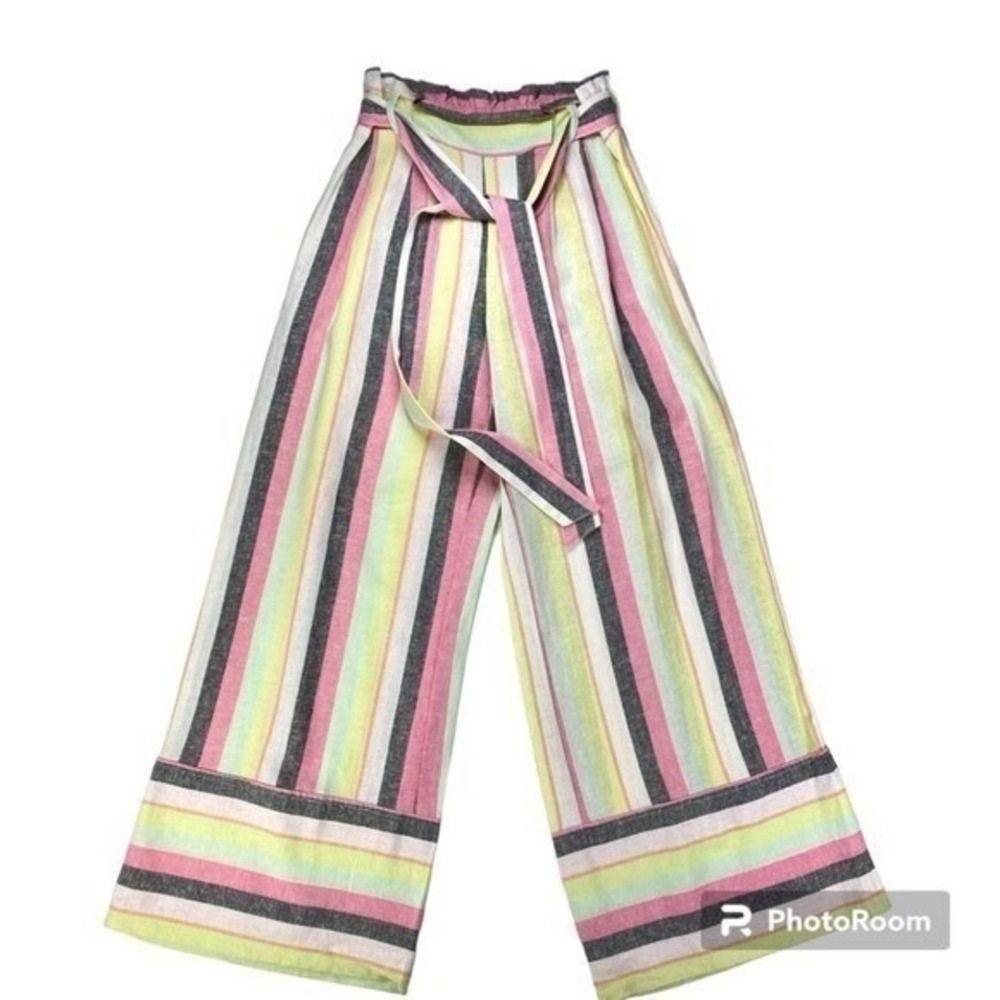 It's Wide Leg Tie Waist Paperbag Linen Pants Sz S Pastel Multicolor Striped Boho